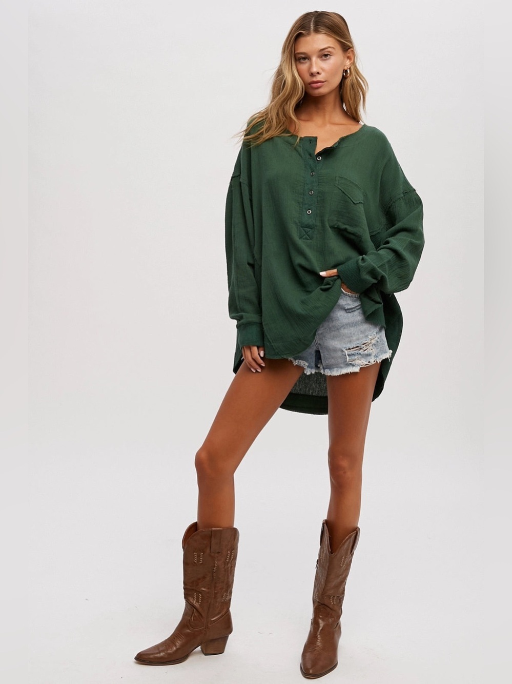 Bluivy long sleeve henley top Medium Large forest green oversized waffle knit